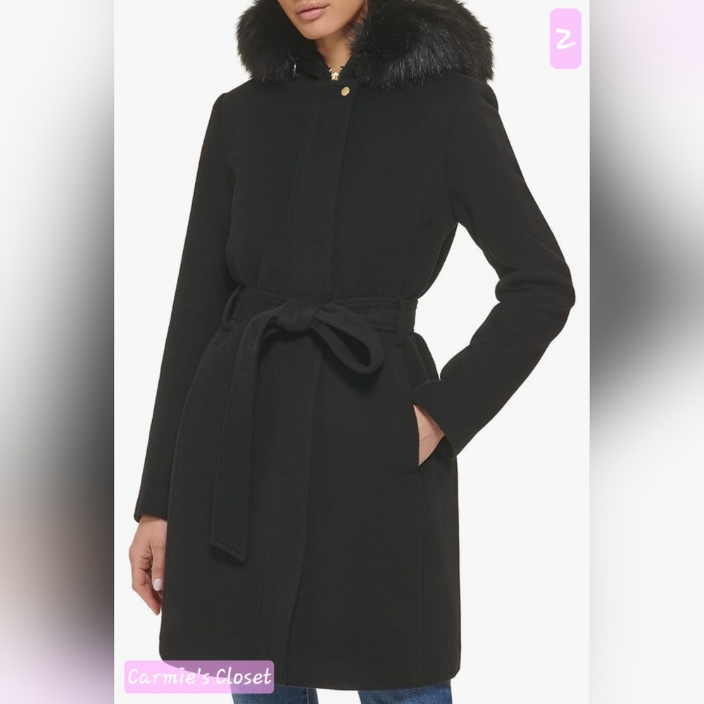 🔥NWT🔥OBO🔥 🟣 Cole Haan Women's Belted Faux-Fur-Trim Hooded Coat Size 2
